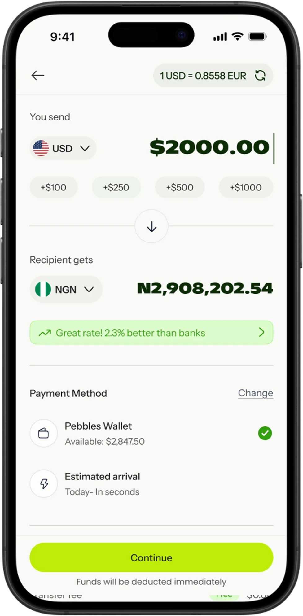 Pebbles transfer screen converting USD to NGN