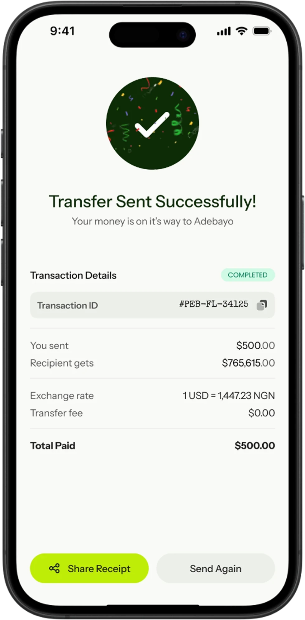 Pebbles confirmation screen — transfer sent successfully